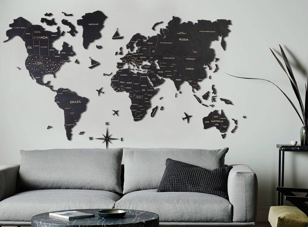 bức tường gỗ bản đồ thế giới màu đen
