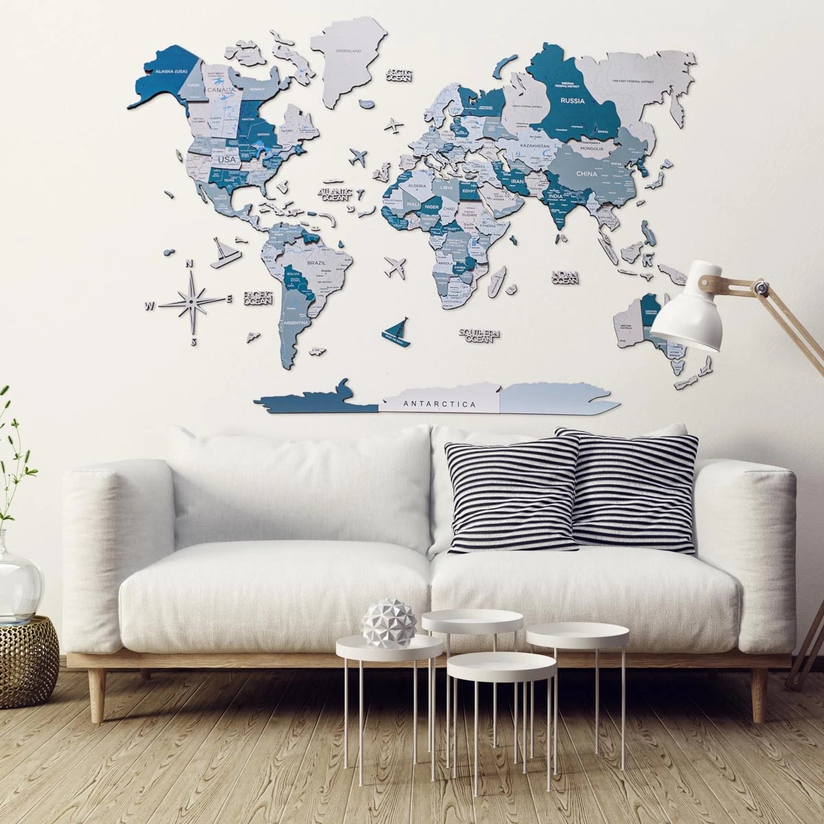 Bản đồ thế giới bằng gỗ 3D Colorfull màu xanh lam