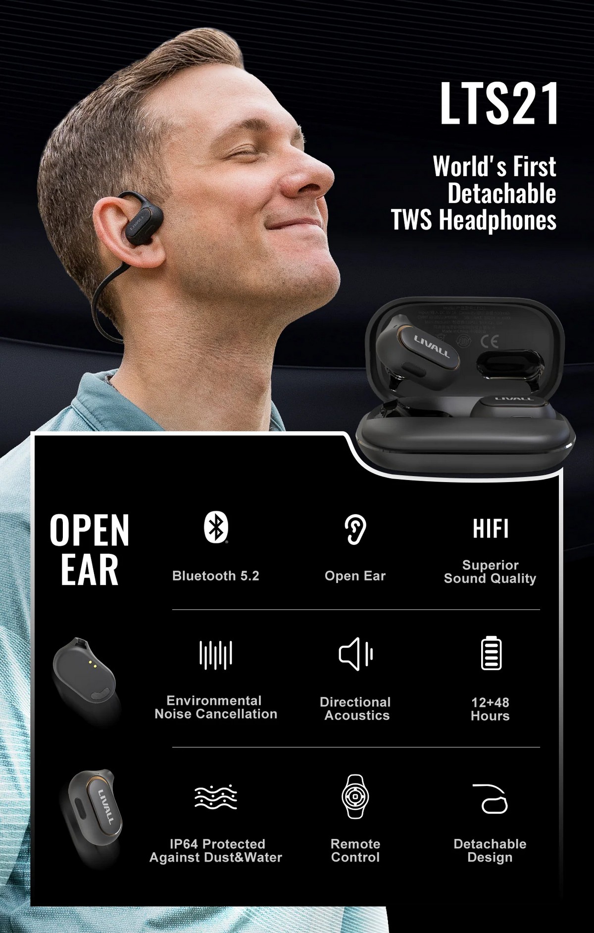 Tai nghe không dây thể thao có bluetooth - thiết kế hở tai có thể tháo rời