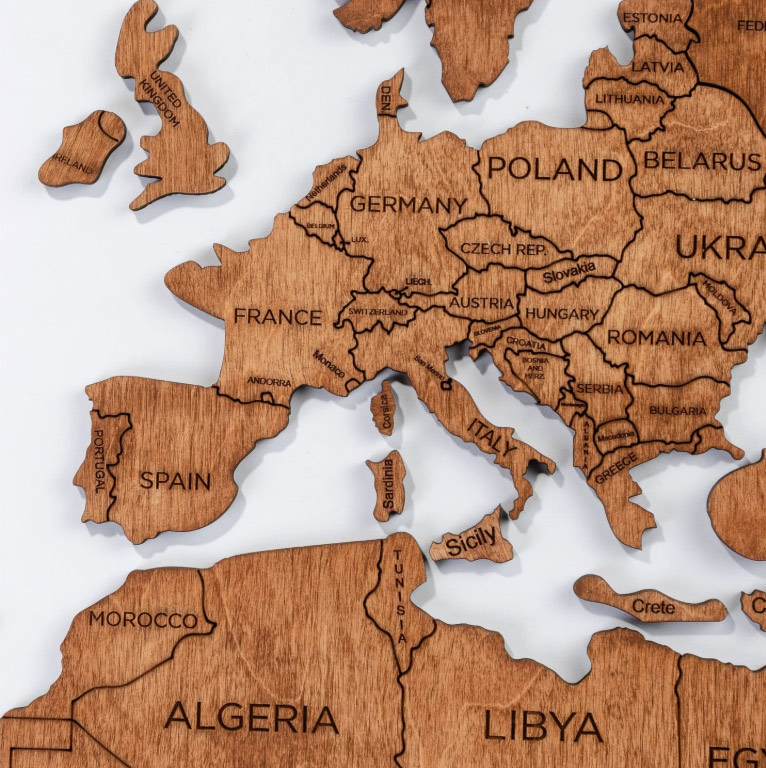 Bản đồ thế giới màu gỗ sồi - châu lục