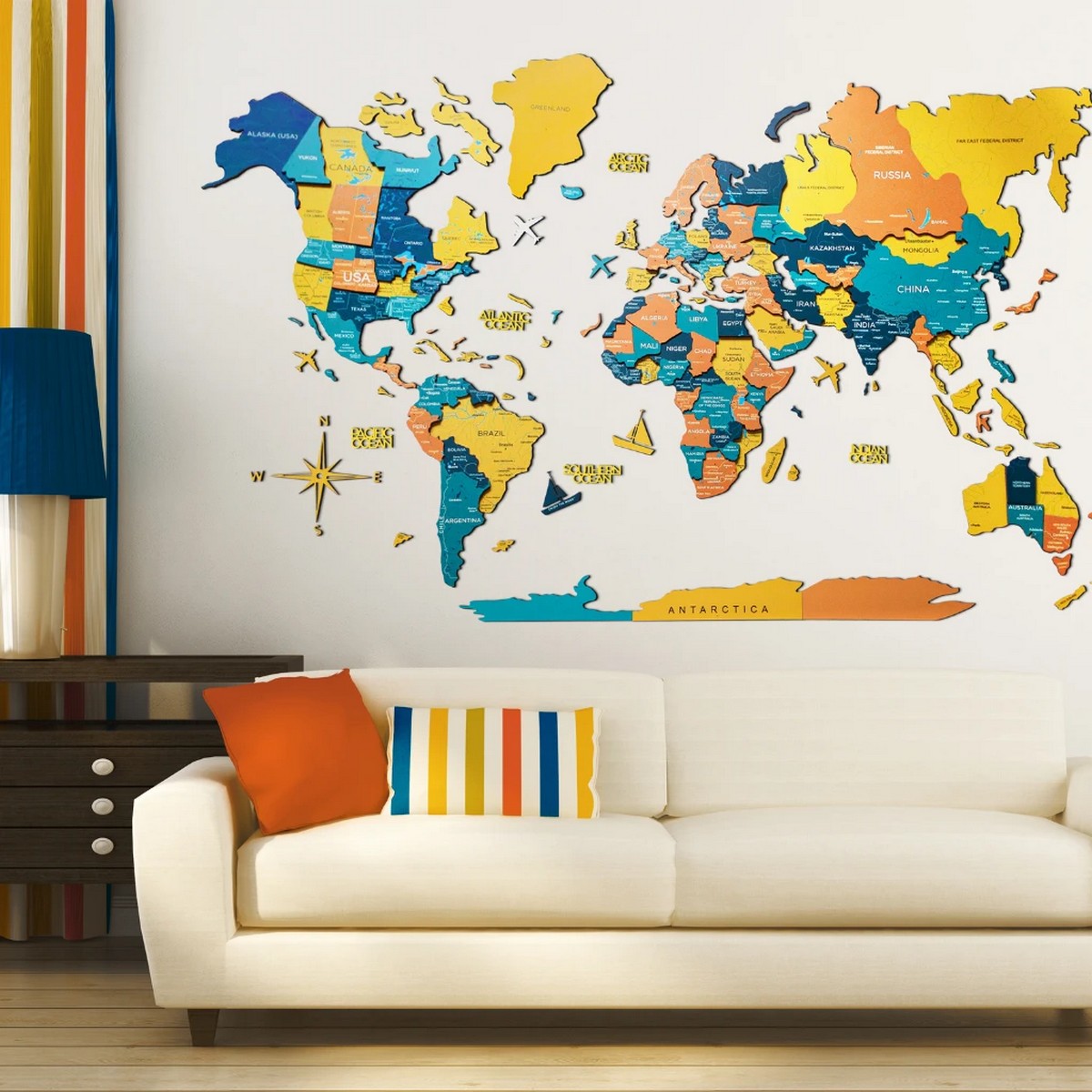 bản đồ màu trên tường gỗ 3d