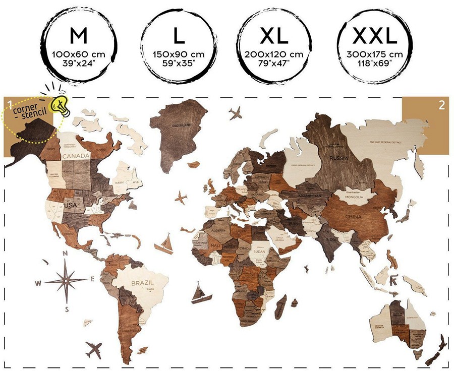 Bản đồ thế giới 3d tường kích thước XL