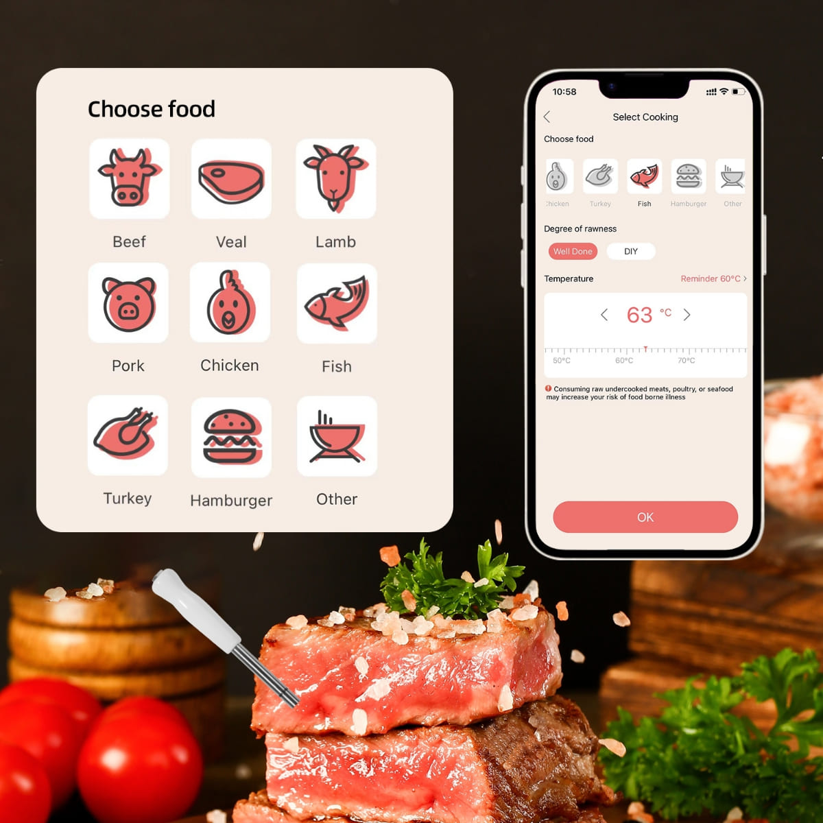 Nhiệt kế nướng thịt - hỗ trợ bluetooth lên tới 100m (app trên di động)