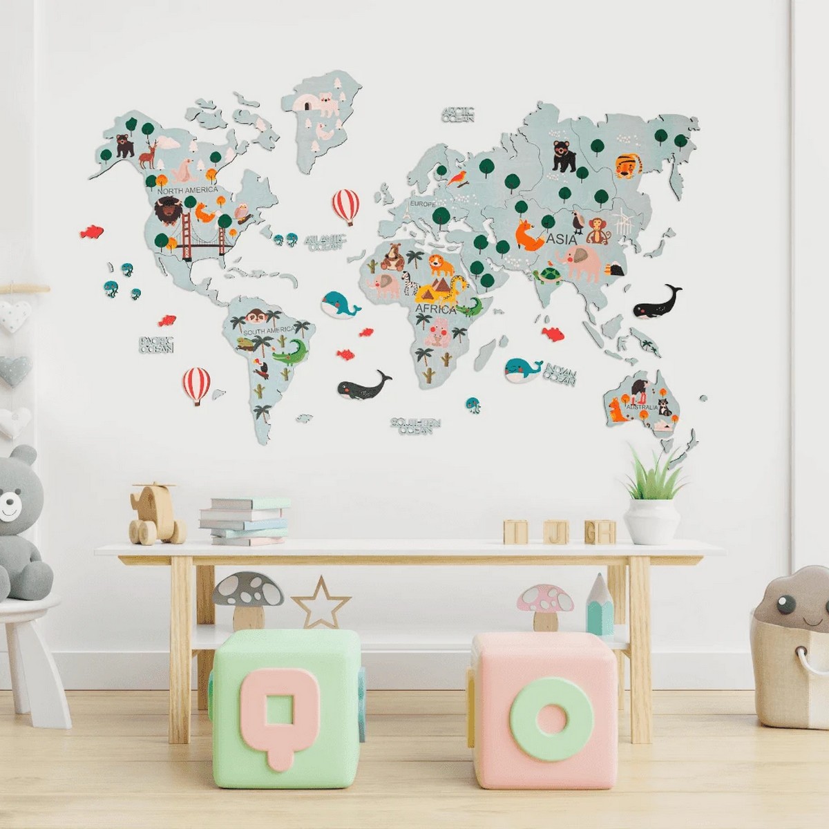 bản đồ thế giới 2d bằng gỗ cho trẻ em trên tường
