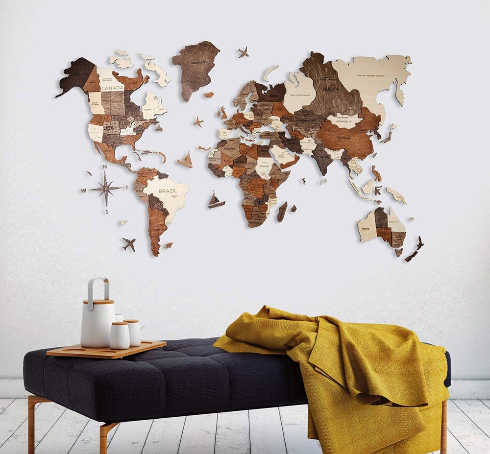 Bản đồ thế giới trên tường 3d bằng gỗ