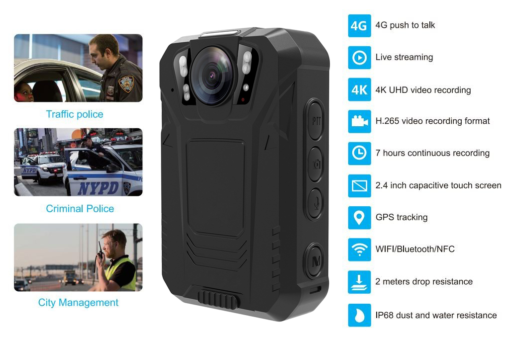 Camera thân cảnh sát 4G body cam wifi bluetooth PTT IP68 NFC